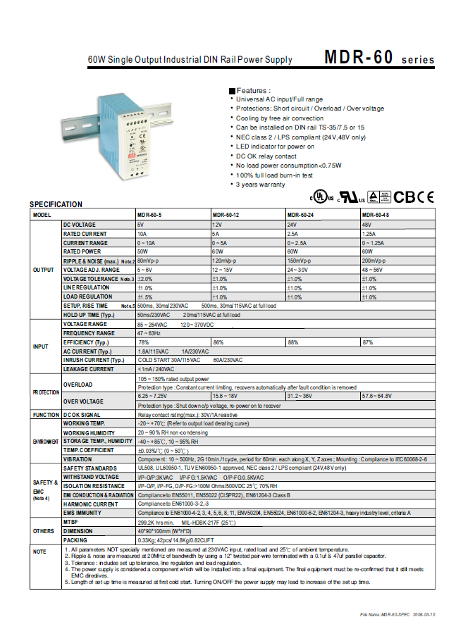 Meanwell MDR-60-24 24V 2.5A DIN Rail Power Supply